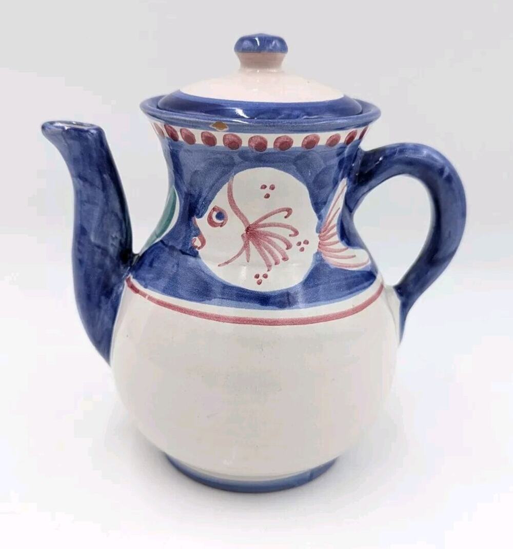 Vietri Campagna Fish Pesce Italy Blue Red Dots Hot Chocolate Coffee Pot 6.5"
